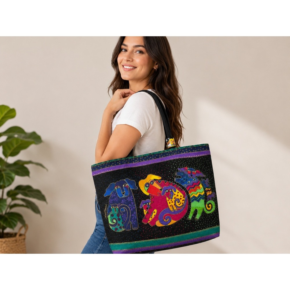 Laurel Burch‎ Dogs and Doggies Canvas Tote Bag Large Colorful Art Shoulder Bag